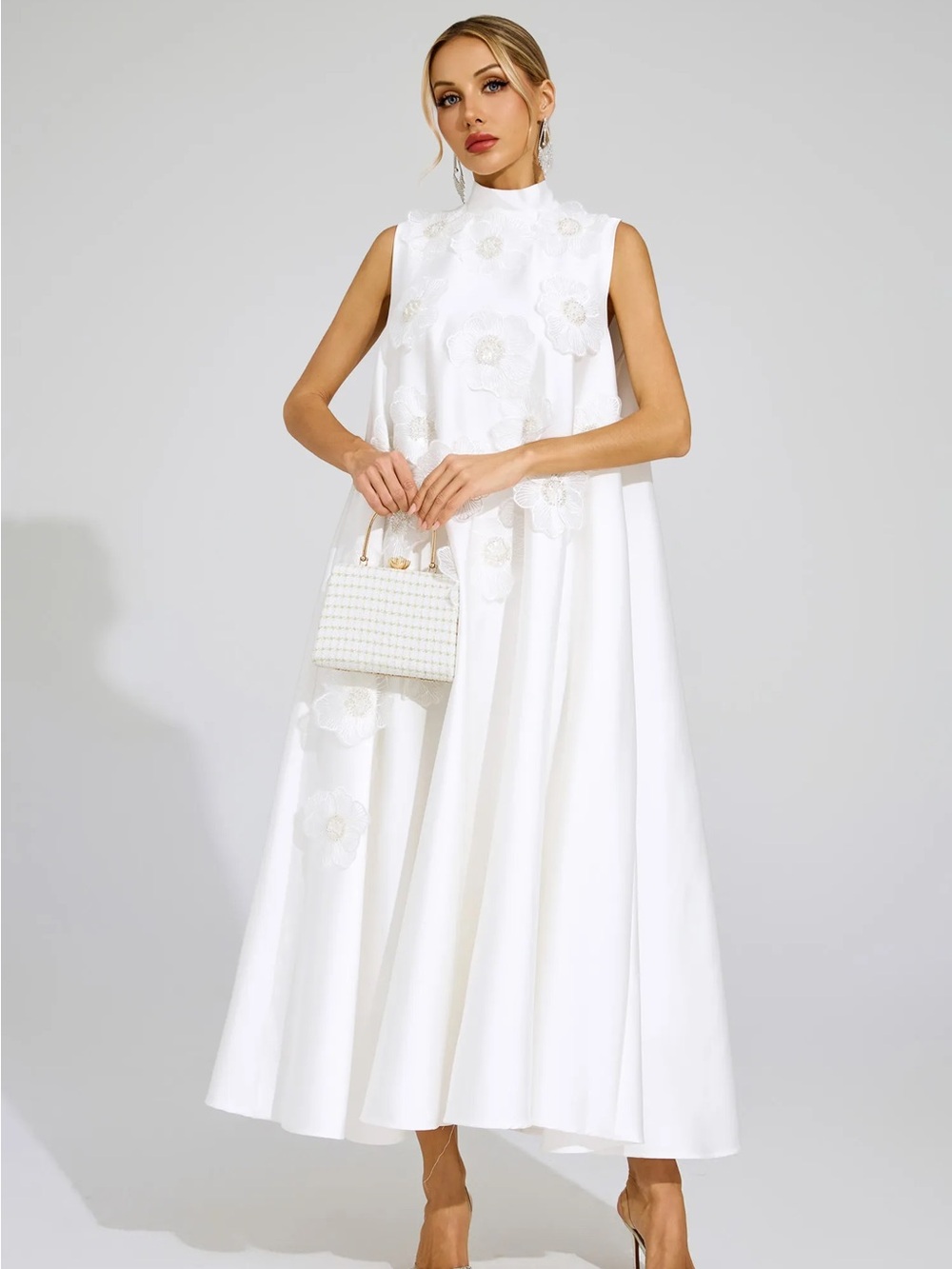Elegant White Floral Applique High-Neck Maxi Dress - Picture 2 of 7